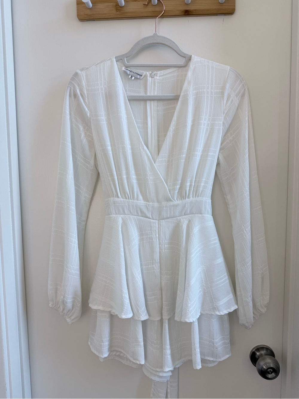 White V-Neck Long Sleeve Peplum Dress